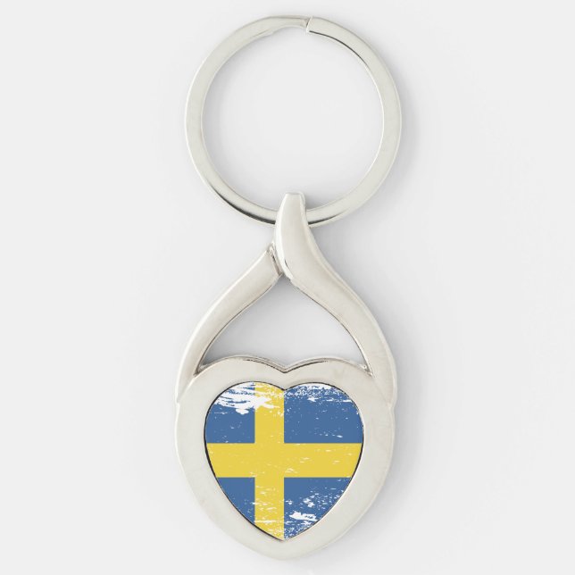 Grungesverigeflagga Twisted Heart Silverfärgad Nyckelring (Framsidan)