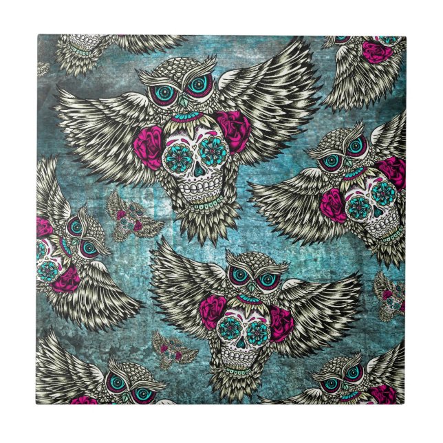 Grungeugglor med sockerdöskallar kakelplatta (Framsidan)