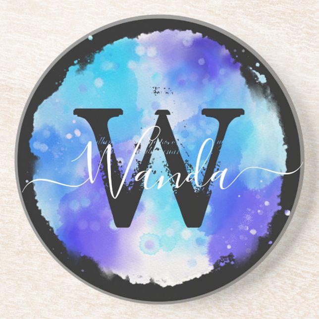 Grungey Blue Watercolor Monogram Calligraphy Underlägg (Framsidan)