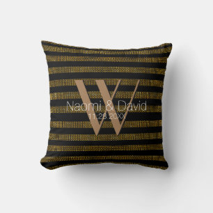 Grungig guldglitter och svarta ränder Monogram Kudde