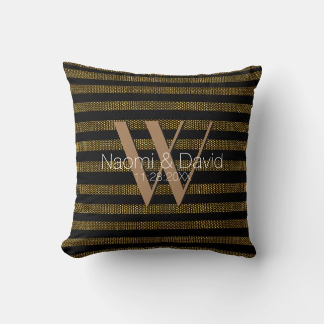 Grungig guldglitter och svarta ränder Monogram Kudde (Framsida)
