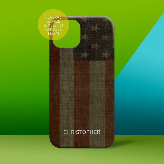 Grungy American Flagga med Linen Avslutar och Namn (Personalized Phone Case - subtle name)