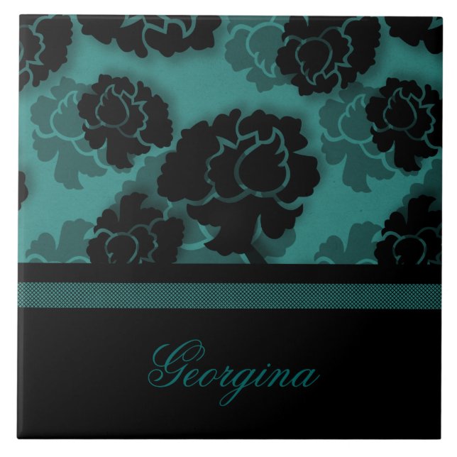 Grungy Blommigt Decadence Tile, Teal Kakelplatta (Framsidan)