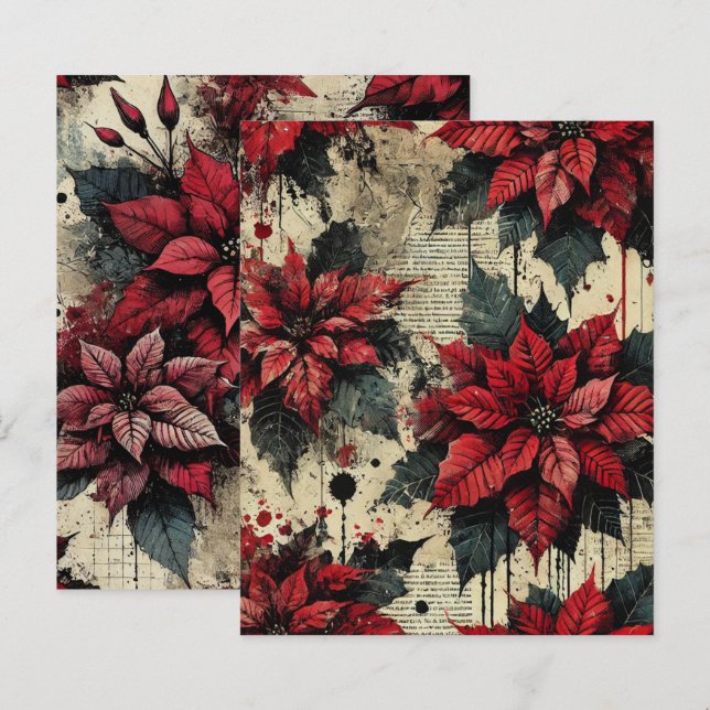 Grungy Blommigt Poinsettia Newsprint Scrapbook Pap (Fram/baksida)