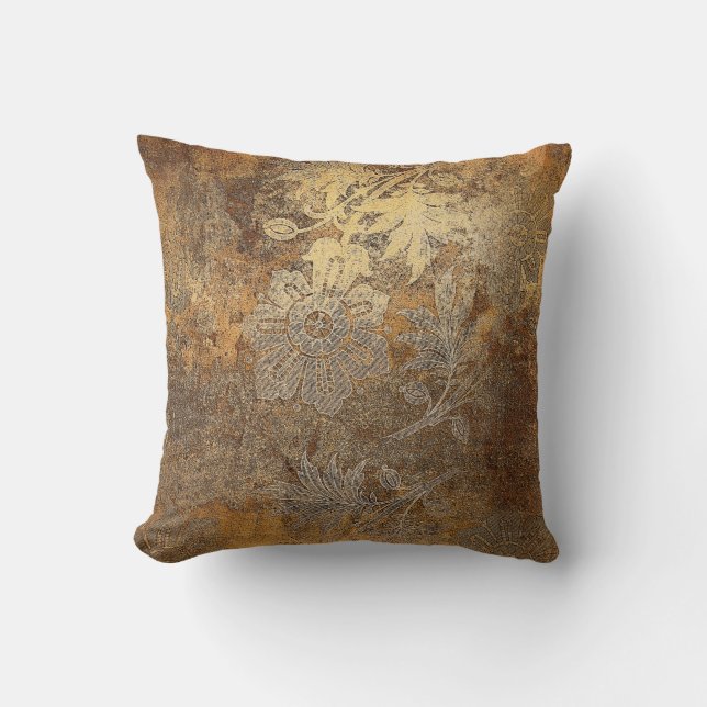 Grungy Golden Bronze Vintage Blommigt Ornament Kudde (Framsida)