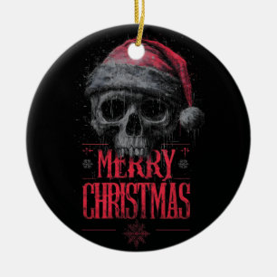 Grungy Gothic Skull med en stressad Santa Hat Julgransprydnad Keramik