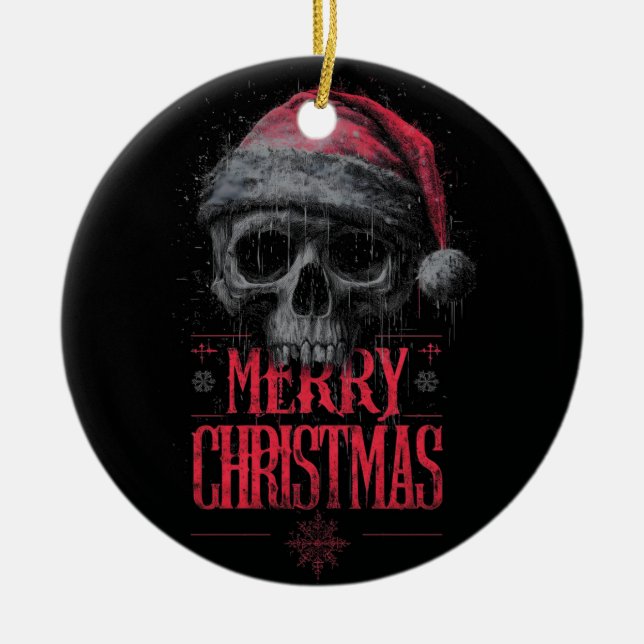 Grungy Gothic Skull med en stressad Santa Hat Julgransprydnad Keramik (Framsidan)