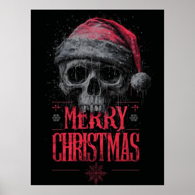 Grungy Gothic Skull med en stressad Santa Hat Poster (Framsidan)