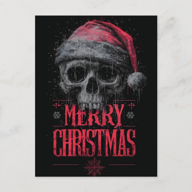 Grungy Gothic Skull med en stressad Santa Hat Vykort (Framsida)