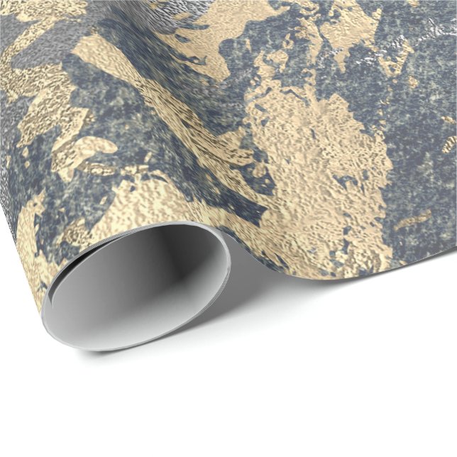 Grungy Molten Silver Guld Marble Shiny Metallic Presentpapper (Rullad Hörn)
