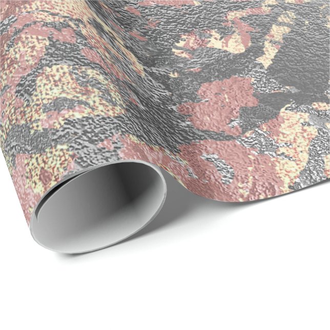 Grungy Molten Silver Ro Guld Rosa Marble Metall Presentpapper (Rullad Hörn)