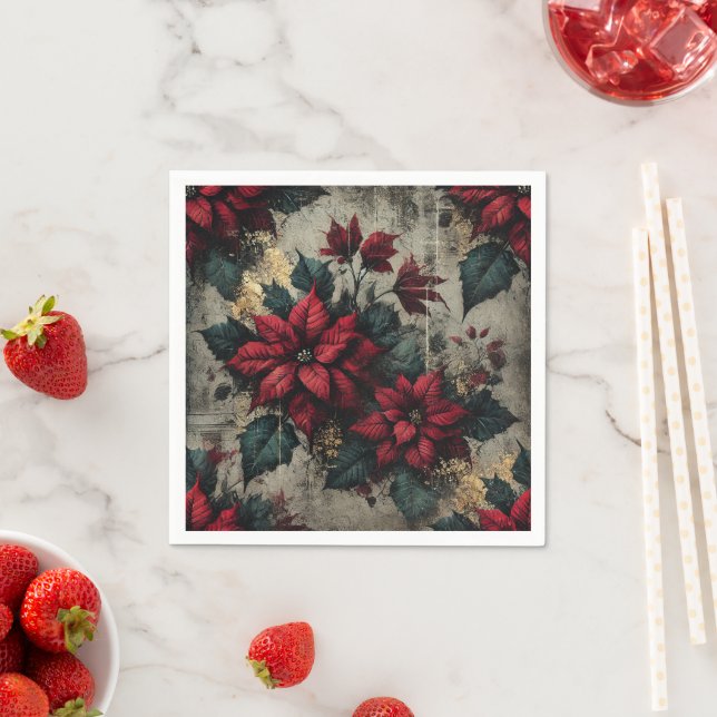 Grungy Poinsettia Blommigt Tapet Decoupage Papper Pappersservett (Insitu)