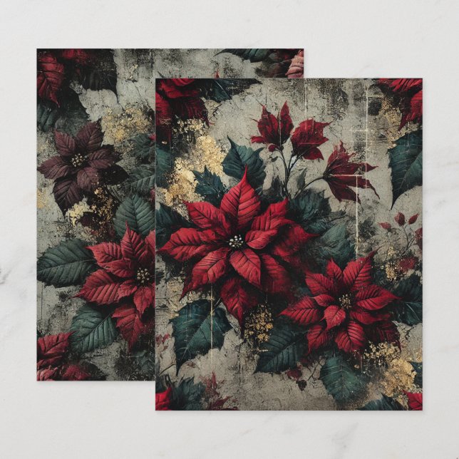 Grungy Poinsettia Blommigt Tapet Skrapbok Papper (Fram/baksida)