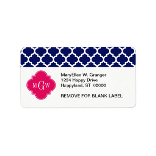 Grunt Wht Moroccan #5 Raspberry 3 Initial Monogram Adressetikett