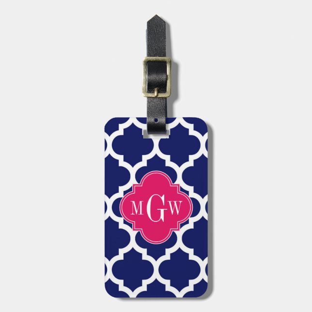 Grunt Wht Moroccan #5 Raspberry 3 Initial Monogram Bagagebricka (Vertikal Framsida)