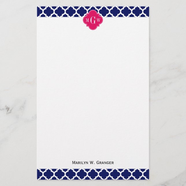 Grunt Wht Moroccan #5 Raspberry 3 Initial Monogram Brevpapper (Framsida)