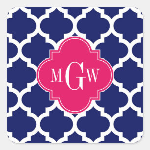 Grunt Wht Moroccan #5 Raspberry 3 Initial Monogram Fyrkantigt Klistermärke