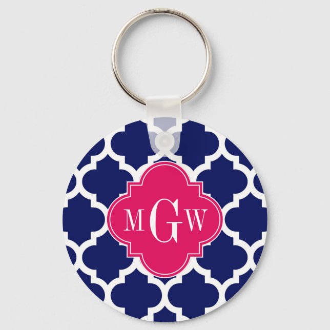Grunt Wht Moroccan #5 Raspberry 3 Initial Monogram Nyckelring (Framsida)