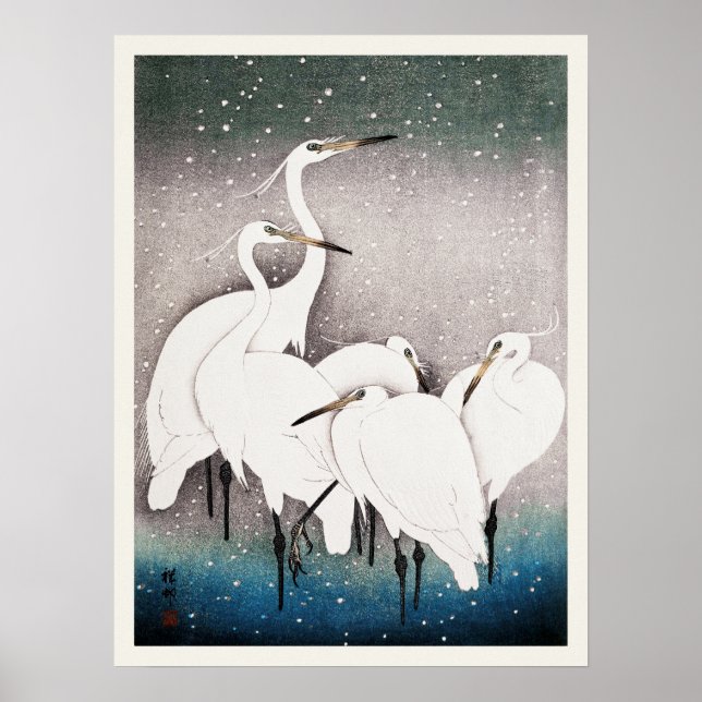 Grupp av Egrets Ohara Koson japansk fågelutskrift Poster (Framsidan)