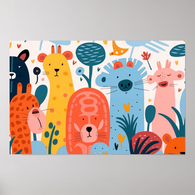 Grupp av färgstarka, fantastiska djur poster (Framsidan)