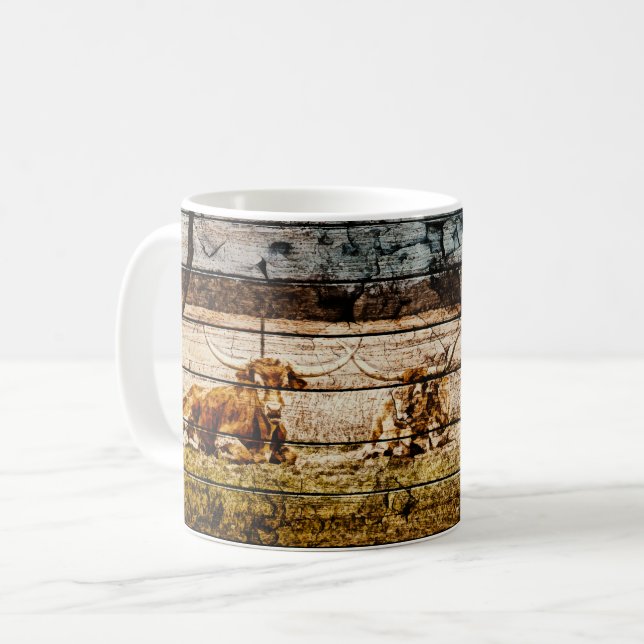 Grupp av Longhorns Lutning i Fält Distress Wood Kaffemugg (Framsida vänster)