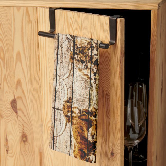 Grupp av Longhorns Lutning i Fält Distress Wood Kökshandduk (Thirds Fold)