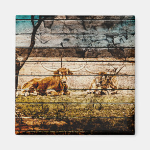 Grupp av Longhorns Lutning i Fält Distress Wood Magnet