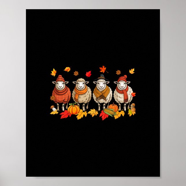 Grupp Får Tacksgiving Höstlöv Pumpa Långt Borta Poster (Framsidan)