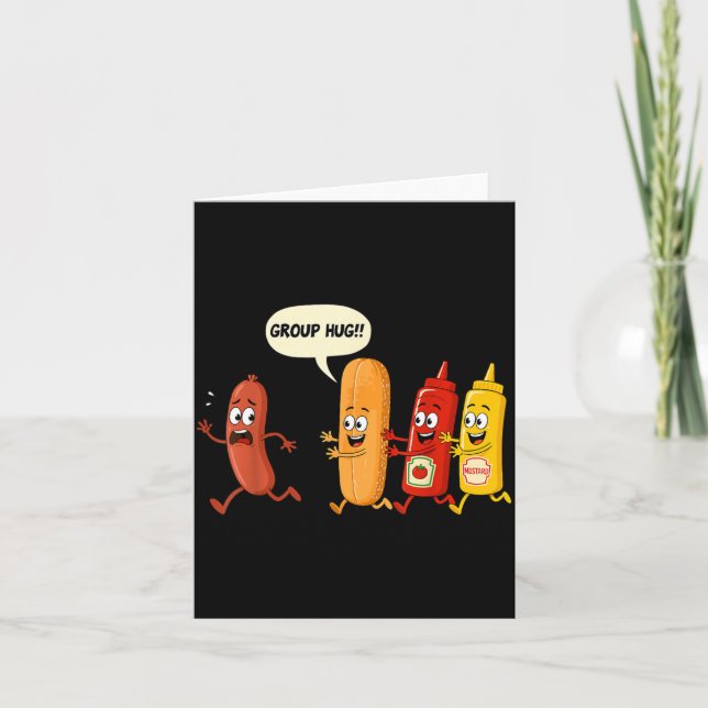 Grupp Hug Korv Bröd Chup Senap Rolig Hotdog Kort (Framsida)