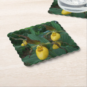 Grupp med Gult Dam Slipper Orchid Flowers Underlägg Papper
