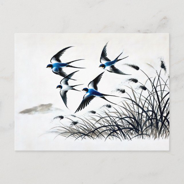 Grupp med Sväljer som kommer genom Himmel i Chine Vykort (Framsida)