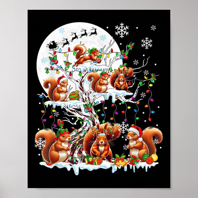 Grupp Santa Reindeer Elf Squirrels on Träd Christm Poster (Framsidan)