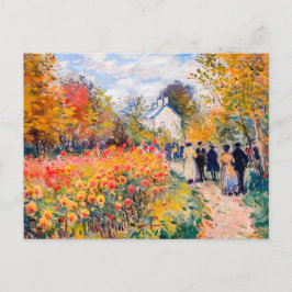 Grupp som går i höstträdgård med blommor helg vykort