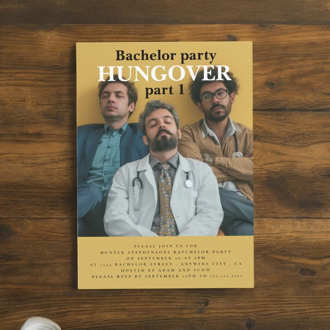 Grupp som inbjudan till bachlour-fest (hungover bachelor party invitation , fun and stylish )