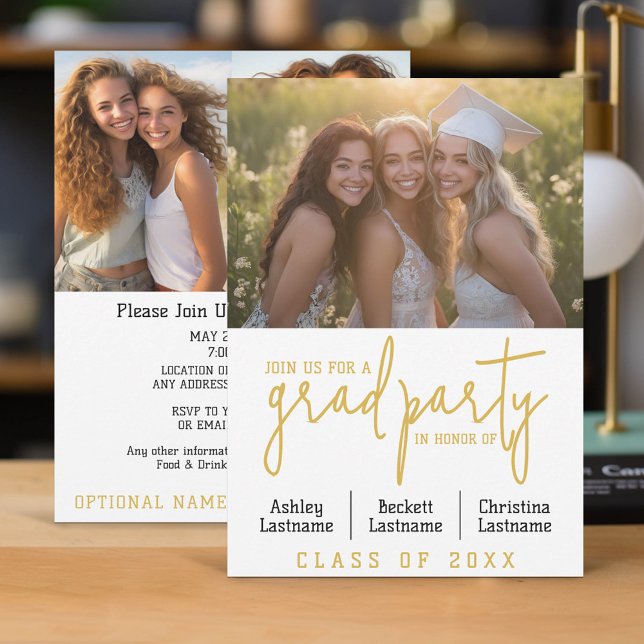 Grupp Studenten Firande - Trippel Student Inbjudningar (Group Graduation Party Invitation with 3 photos)