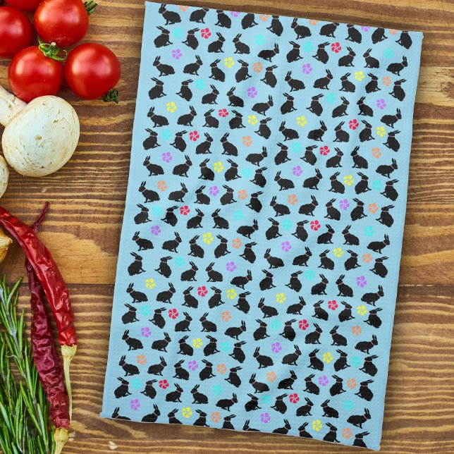 Grupp Vår Black Sitta Rabbits Flowers on blue Kökshandduk (Black Silhouette sitting rabbits colourful flowers on light blue kitchen towel.)