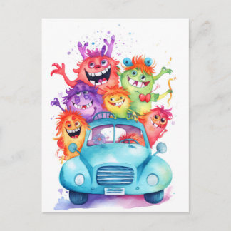Gruppe lustiger Monster fährt mit dem Auto. Urlaub Vykort