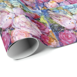 Grupper av rosa blommor och den rosa fågeln presentpapper