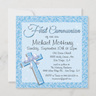 Grupperar Sequin Blue First Communion-inbjudan Inbjudningar