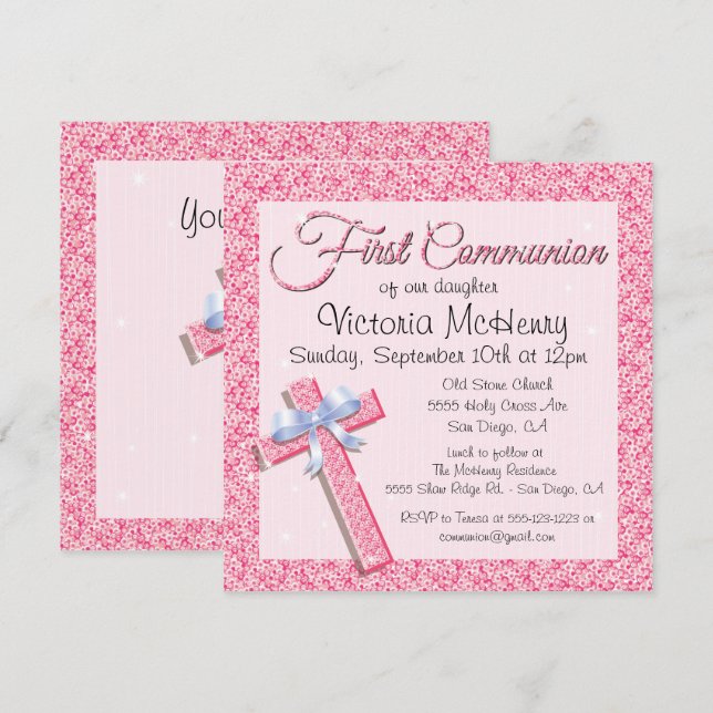 Gruppering av Sequin Rosa First Communion-inbjudan Inbjudningar (Fram/baksida)