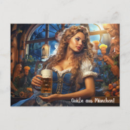 Grüße aus München! Frau im Dirnd mit Bier Vykort