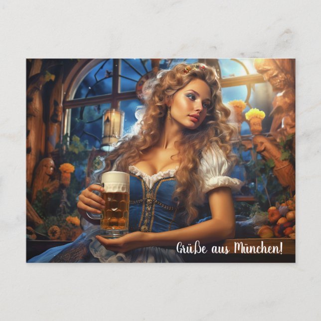 Grüße aus München! Frau im Dirnd mit Bier Vykort (Framsida)