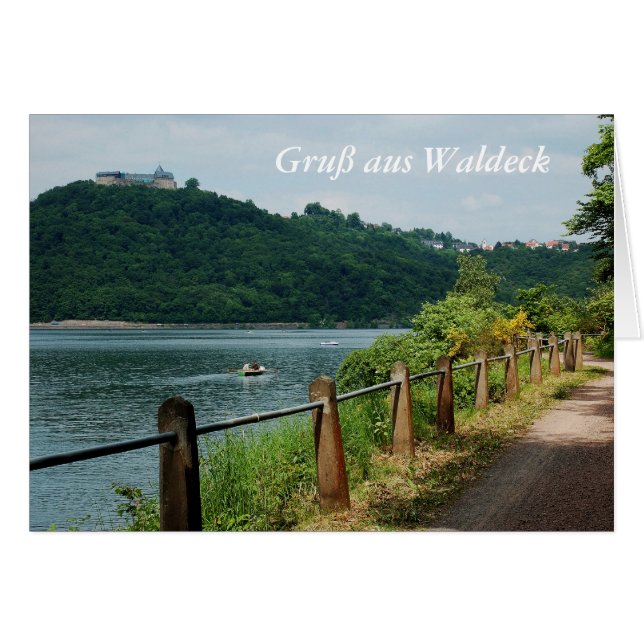 Grußkarte Gruß aus Waldäcket Edersee Ufer mit Schl Hälsningskort (Framsidan Horizontal)