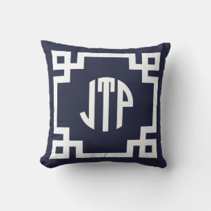 Gruvblått och vitt grekiskt Nyckel Circle Monogram Kudde