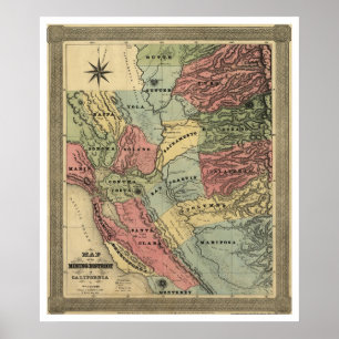 Gruvdrift i Kalifornien Karta - 1851 Poster