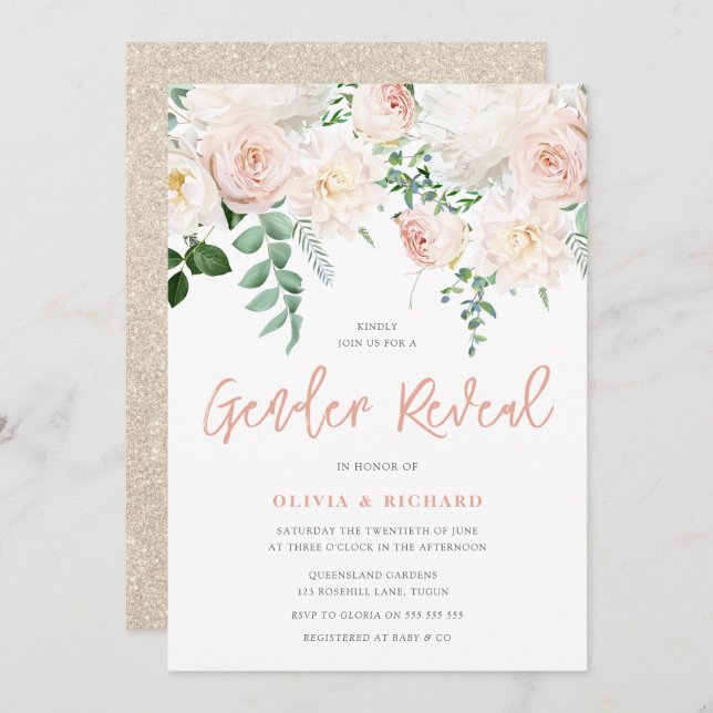 Grymma Gender för  och vit Blommigt i Party Inbjudningar (Fram/baksida)