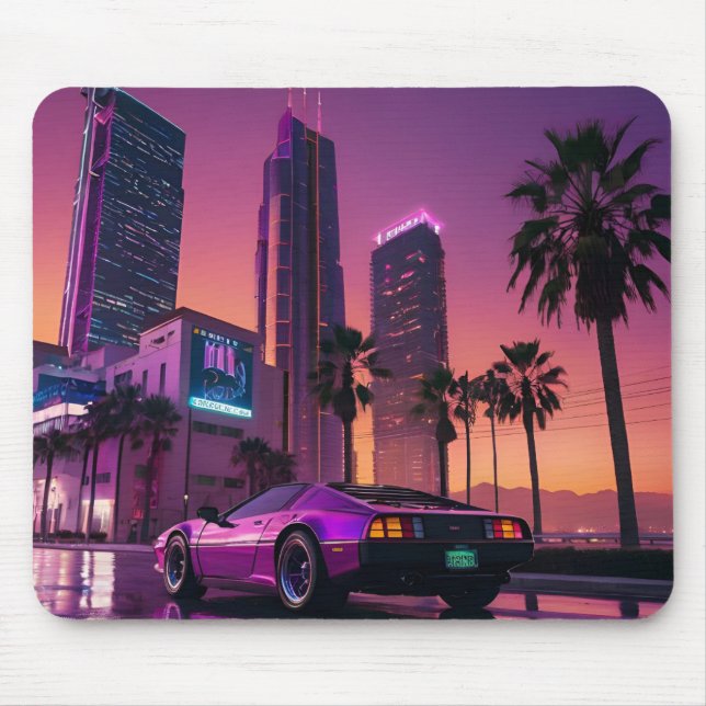 GTA 6 Vibe Mouse Pad - Retro Car i Neon City Sol Musmatta (Framsidan)