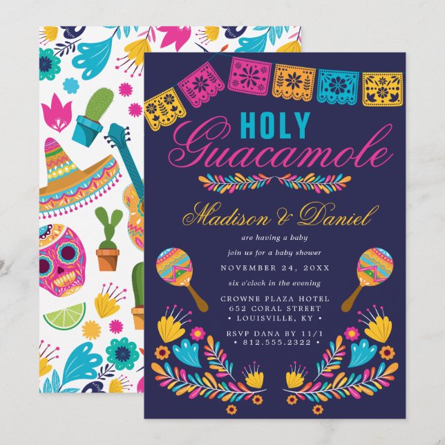 Guacamole Baby Shower för mexikansk fiesta Blommig Inbjudningar (Fram/baksida)