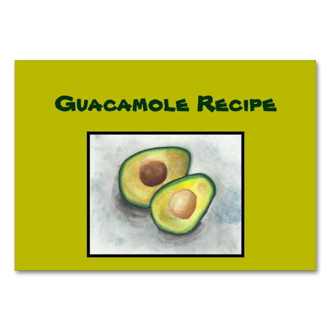 Guacamole receptkort. Avokado i vattenfärg. Bordsnummer (Framsidan)