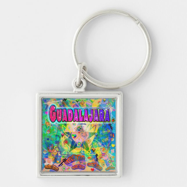 Guadalajara Epoch Hour Keychain Fyrkantig Silverfärgad Nyckelring (Framsidan)